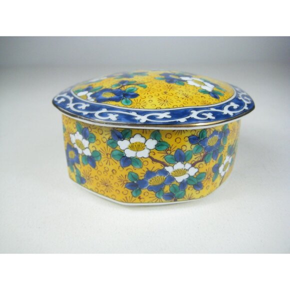 Kutani Takahashi Octagon Trinket Box Japan Floral Bird Vintage Lidded Porcelain - Picture 6 of 13